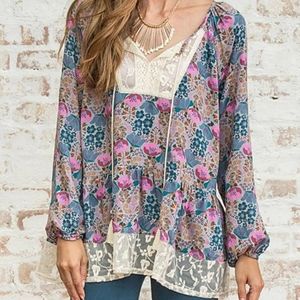Matilda Jane Floral Print Make Believe Sew Perfect Boho Chic Lace Blouse Size L